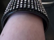 POV walking in platform stripper heels with blue toenail polish, toe rings and feet close ups