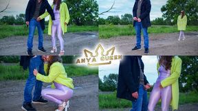 A bitch in a purple shiny nylon suit sucked a STRANGER's cock, let him touch her gorgeous natural tits, handjob and cum on her clothes. 49 *4K 60fps