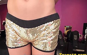 Tattooed latina tgirl in shoes jerking