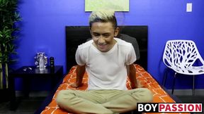Asian twink strips naked and masturbates after an interview