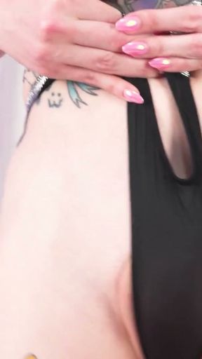 GROOBYGIRLS - Horny blonde with tattoos fucks her ass with dildo while masturbating her cock   Clip 1