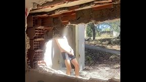 Exploring an abandoned building, 2 amateur boys remove their clothes and one starts to jerk off