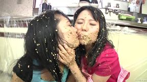 Asian teen lesbians slurp on natto and splash each other