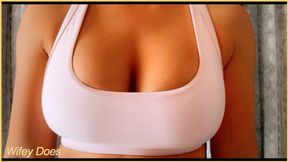 Slow-motion tease of wife′s luscious jugs receiving intense erotic buzz and reckless fondling