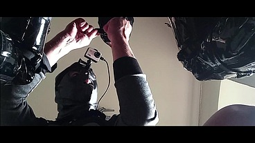 Milf chairtied, throatfucked with ring gag and throatpie