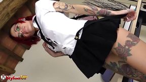 College girl wearing pantyhose masturbates in the classroom