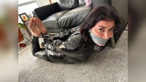 Selftaped in PVC: Handcuffs Hogtie & Latex Catsuit