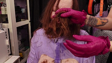 Slave girl hair cutting
