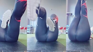 Stretching at the Gym in see through Leggings