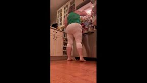 White leggings and granny panties in the kitchen