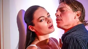 White dress slut strips for hard fucking and gets creampied by her date
