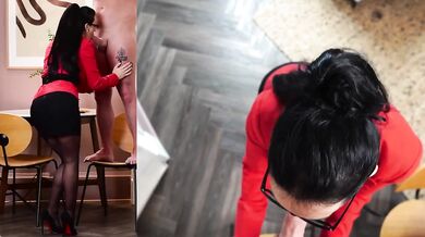 Brunette secretary boss wears glasses pantyhose heels for milf blowjob roleplay
