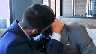 Men in suit and tie vigorously analpound after wet blowjobs