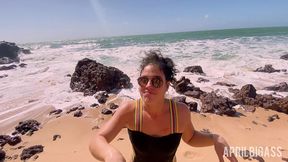 messy watersports submission on a secluded beach