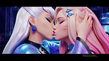 Ahri x Evelynn lesbian kissing (K/DA All out, League of legends/AI generated)