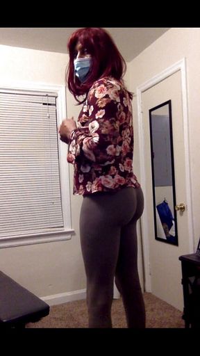 SweetCakes at home in gray spandex