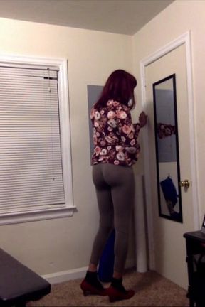 SweetCakes at home in gray spandex