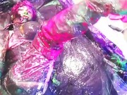 Dirty sluts Sissy fucks herself in the slime bath with a monster dildo
