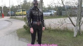 Original Sound! Latex Pierced Doll in Black leggings,Corset & Mask Walking with Inflatable Dildo