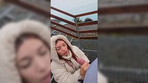 Slutty redhead gives a nice blowjob to an older guy outdoor and takes his cum in her mouth