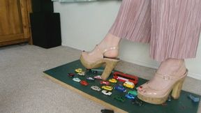 Giantess Lily Kink toy car crush of many tiny cars in big chunky heels right low view