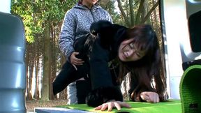 Japanese MILF sex affair with paramour in old van forest