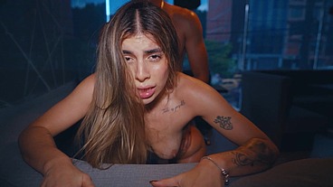 Petite Squirter: Jessica Osorio with a huge ass cums in her roommate's mouth and ends up covered in cum