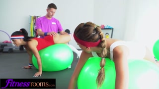 Fitness Rooms POV double blowjob with Latina Baby Nicols and Canela Skin