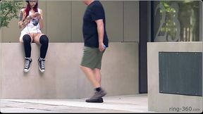 Brunette girl with skateboard flashing in public