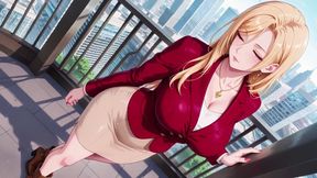 Red Suit Blonde; From Supermarket Stroll to Lazy Orgasm, She Even Puts Her Legs up on the Desk?