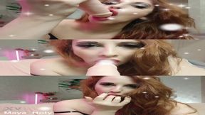 Blonde MILF with long curly hair teases with a big dildo while giving a