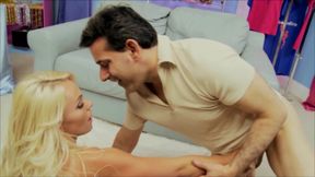 Hot Caprice Jane plays with huge cock and rides it on