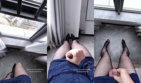 Chinese ladyboy tears through stockings cumming in hotel window