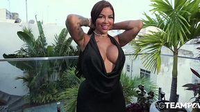 Curvy milf brunette with a huge seductive ass has two aroused cocks in her wet muff