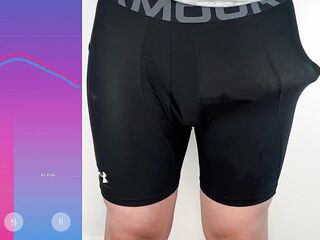 Giant ramrod hands free anal-act of love-toy ejaculation in taut pants