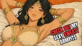 Smoking hot anime harem dancer babe is exhausted and covered with sweat after dancing and lays with her hands behind her head showing her sexy armpits