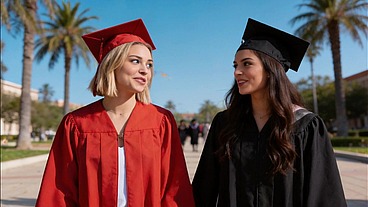 Graduation day! A sexy blonde has just graduated from college and as a gift she wants her partner's big penis and for him to cum inside her. (AI-generated video)