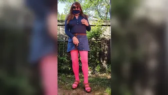 Crossdresser wanks big hard cock outdoors in pantyhose and mini skirt