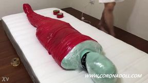 Hot JoJo plays with herself in 3-layer mummification bondage