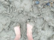 Stepping in mud barefoot - dirty feet and jerk off and stepping on own cum at the end