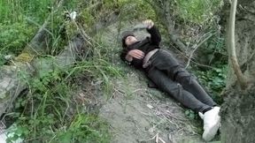 Cute Jon Arteen Gay twink jerks off outdoors, dry-humps the air, and shoots cum through a hole in his pants