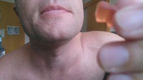 I swallow gummy bears, drink, burp and show my pumped up belly