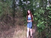 Walking cuffed and gagged outdoors