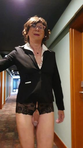 With open panties in the hotel corridor