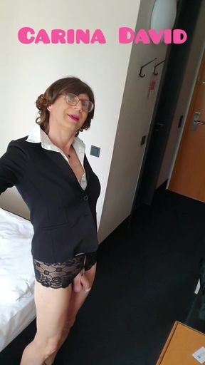 With open panties in the hotel corridor