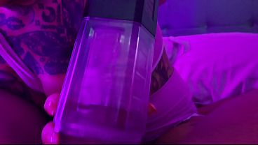 My girlfriend uses toy masturbator on my big cock