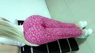 Blonde in pink leggings takes it deep from behind in the gym