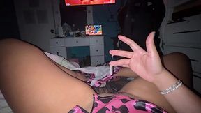 Girl watching hentai and rubbing her creamy pussy with pink vibrator