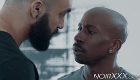 Muscular black gay ass destroys hunky bearded white stud