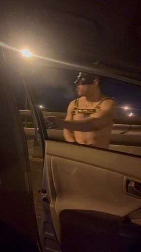 Almost Caught: Leather Muscle God’s Risky Bridge Flex & Stroke